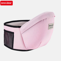 Pink baby carrier with black mesh side on a white background, featuring the Insular brand.