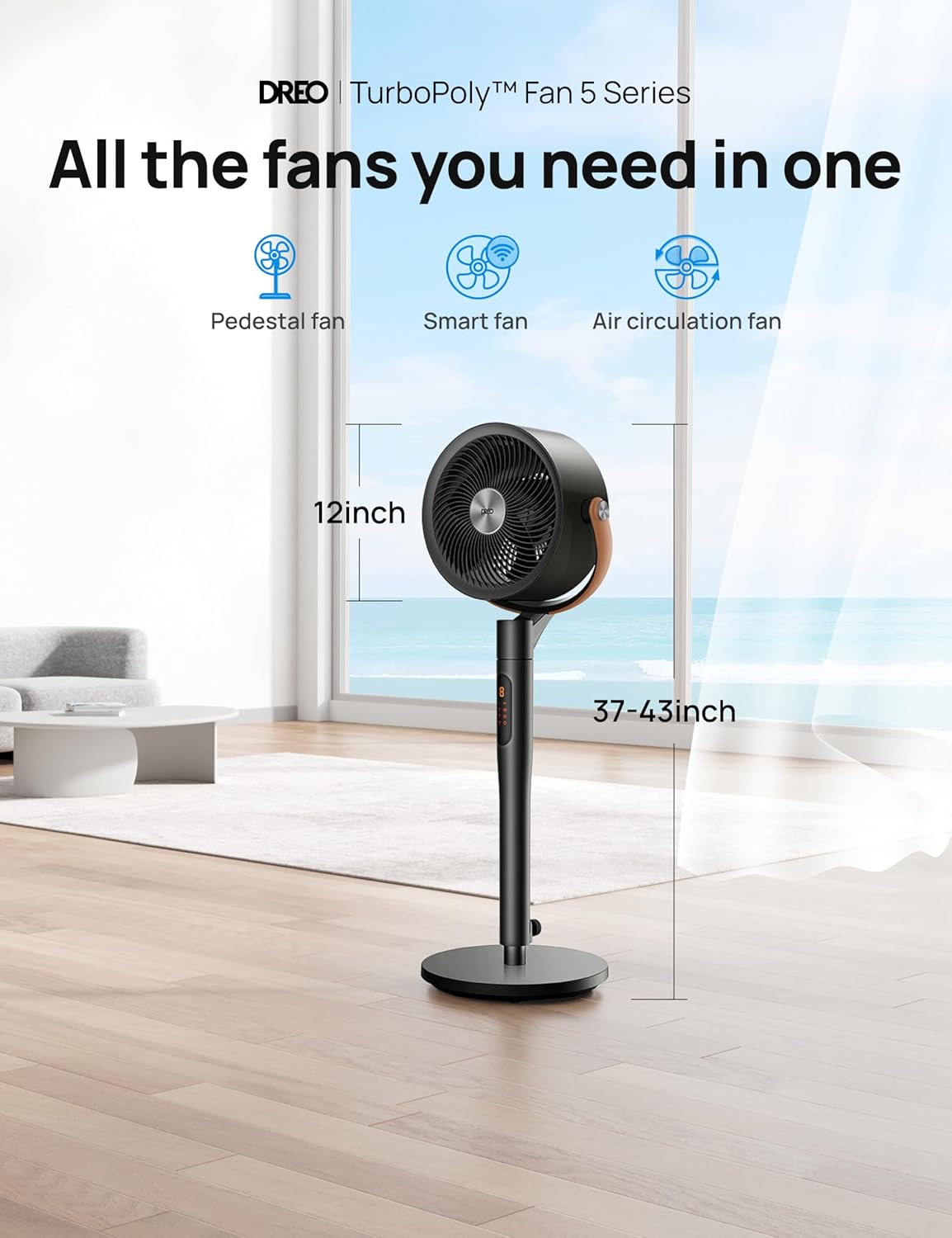 Dreo 43 Inch Smart Standing Fan for Bedroom, 100ft Strong Airflow Fan, DC Motor Silent Floor Fans, 120°+105° Oscillating Pedestal Fans with 12H Timer, 6 Modes, WiFi/Alexa/Remote Control