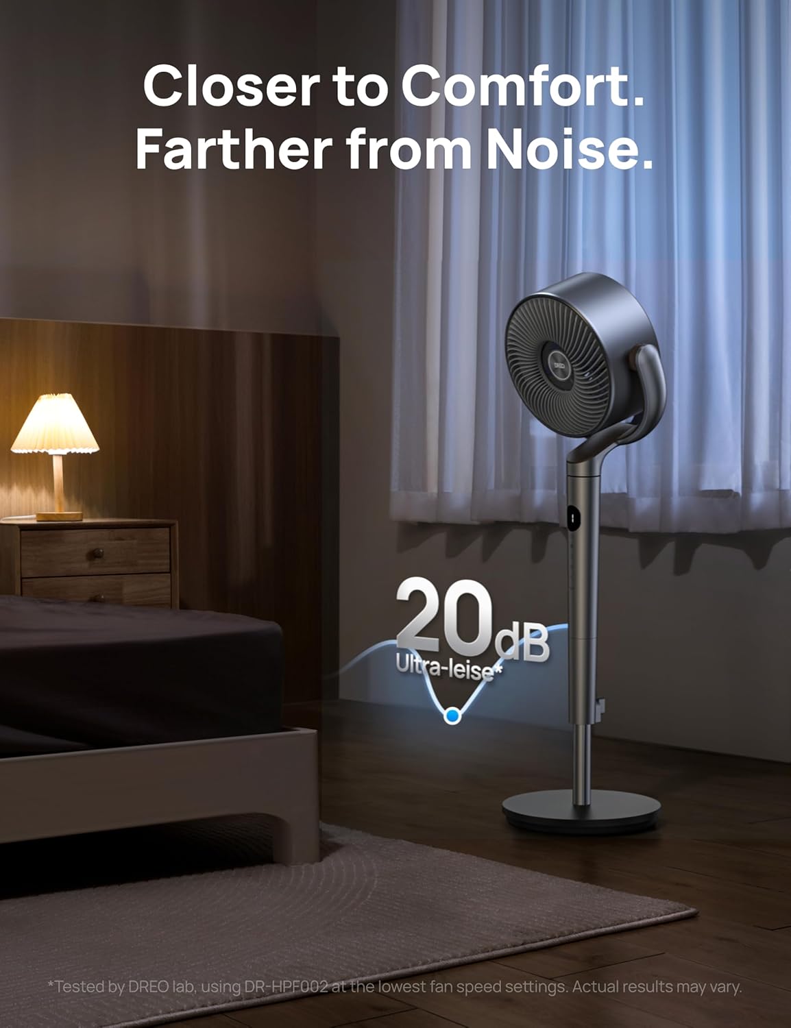 DREO 20 dB Standing Fan for Bedroom, 120°+120° Omni-directional Cooling Fans, 90 ft Circulator With Remote, DC Motor Pedestal Fans, 35-40" Adjustable Height Floor Fan, 8 Speeds, 3 Modes, 8H Time