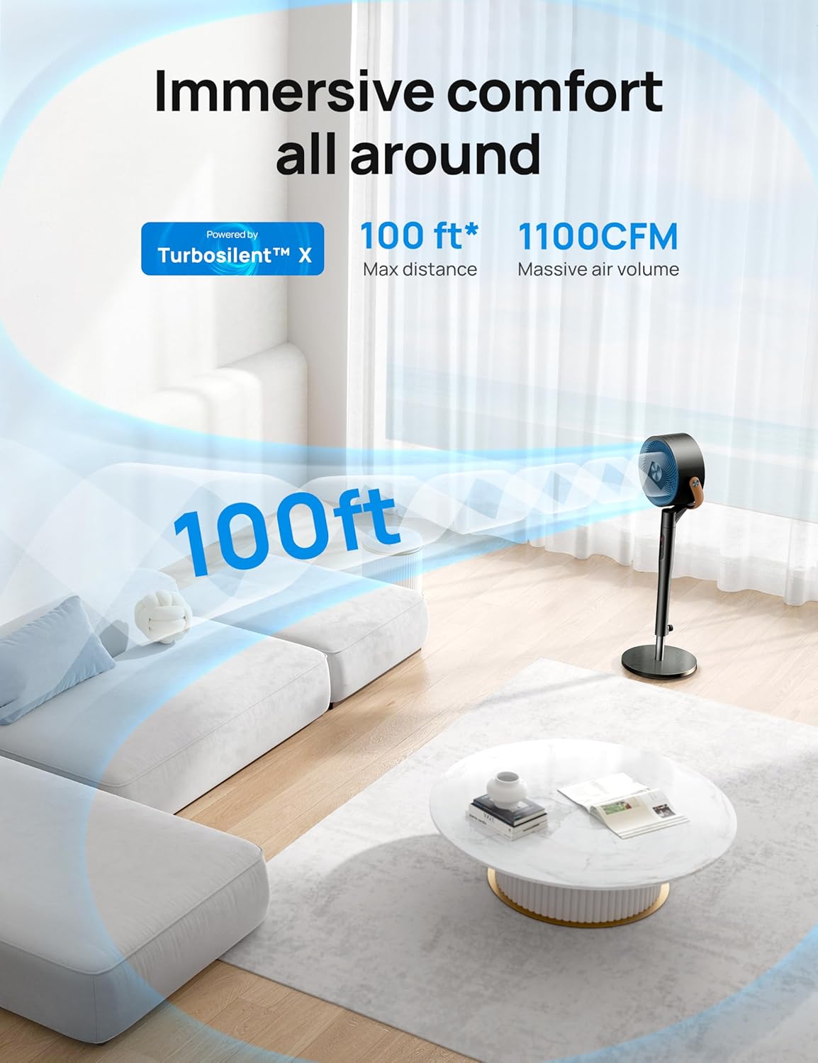Dreo 43 Inch Smart Standing Fan for Bedroom, 100ft Strong Airflow Fan, DC Motor Silent Floor Fans, 120°+105° Oscillating Pedestal Fans with 12H Timer, 6 Modes, WiFi/Alexa/Remote Control
