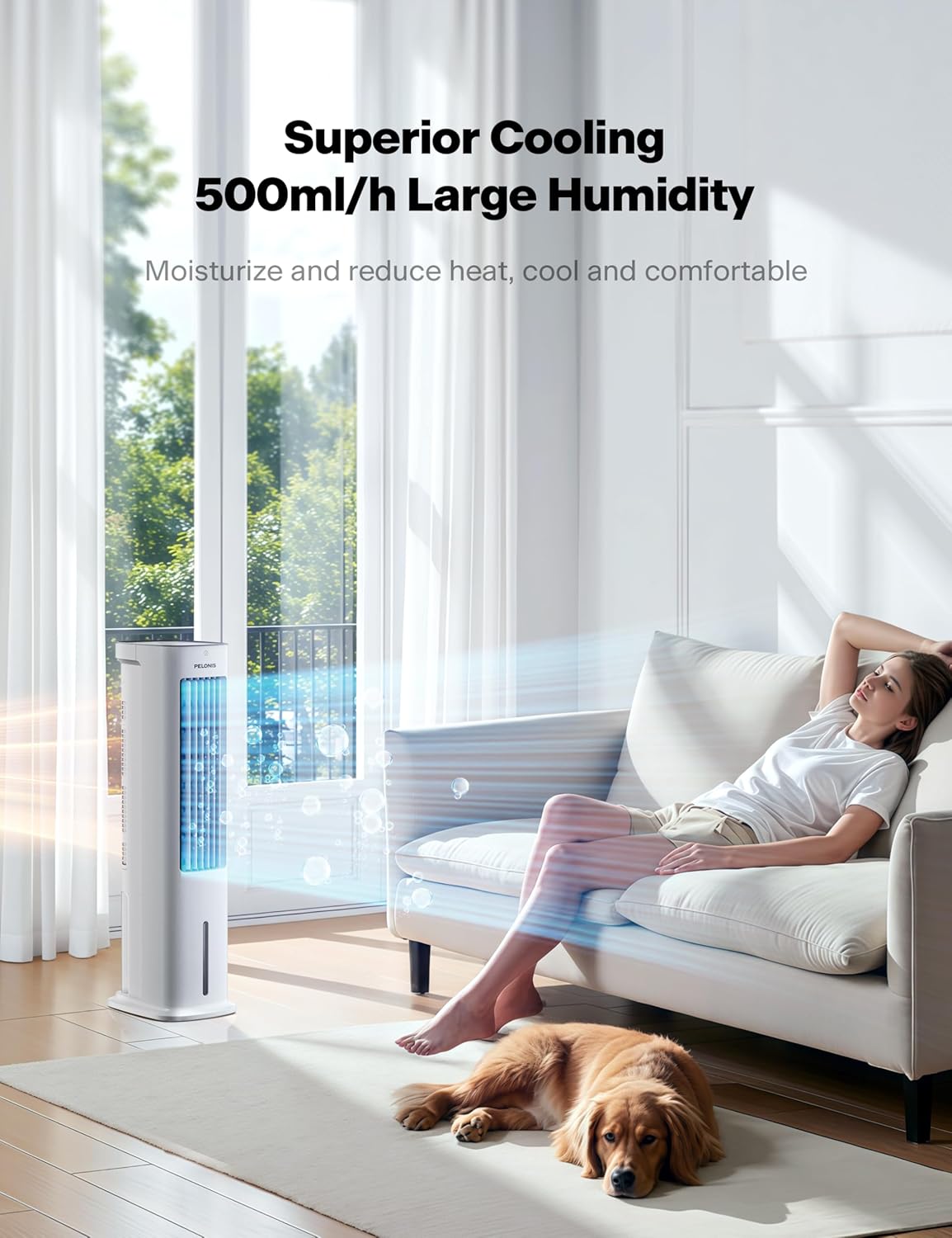 PELONIS 5L Air Cooler, Evaporative Air Cooler with Remote Control, 3 IN 1 Portable with Automatic Oscillation 3 Speeds and 7-Hour Timer, Fan and Humidifier for Home, 2 Ice Packs Included
