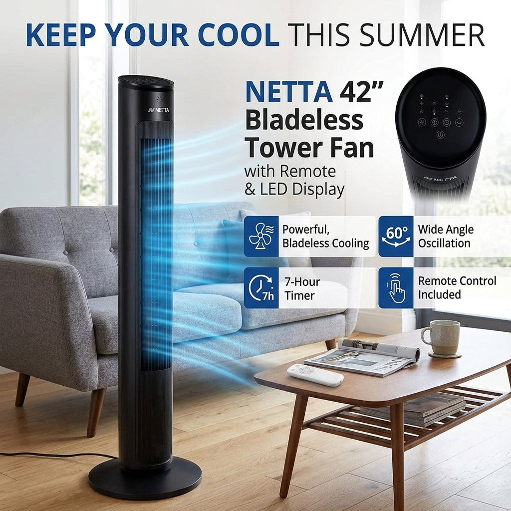 NETTA 42" Bladeless Tower Fan with Remote & LED Display-TR1