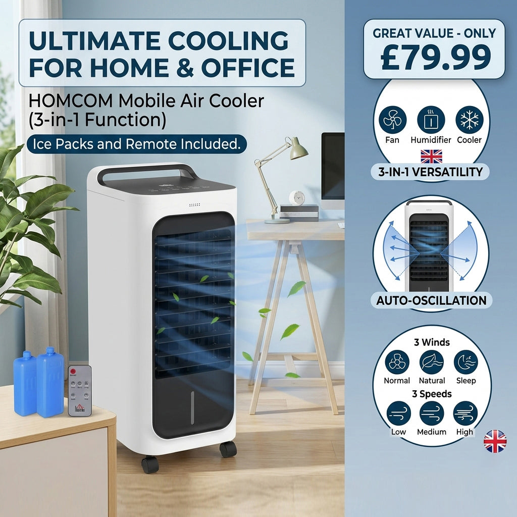HOMCOM Mobile Air Cooler for Home Office, with Oscillation, Ice Packs