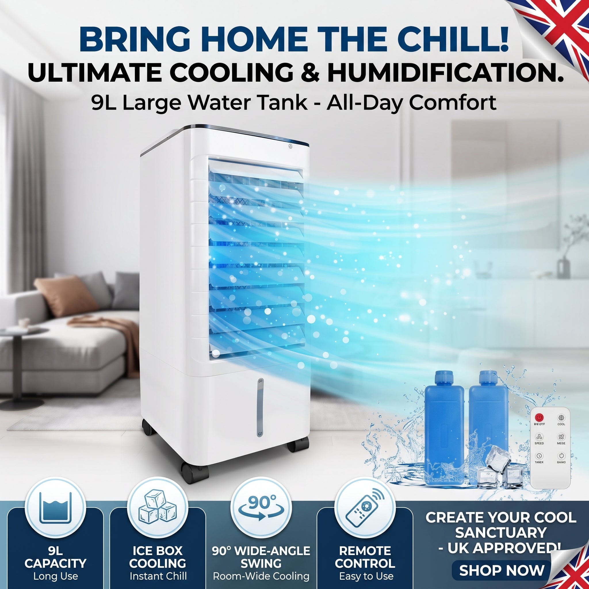 9L Large Water Floor Standing Portable Air Cooling Fan Humidifier with Ice Box