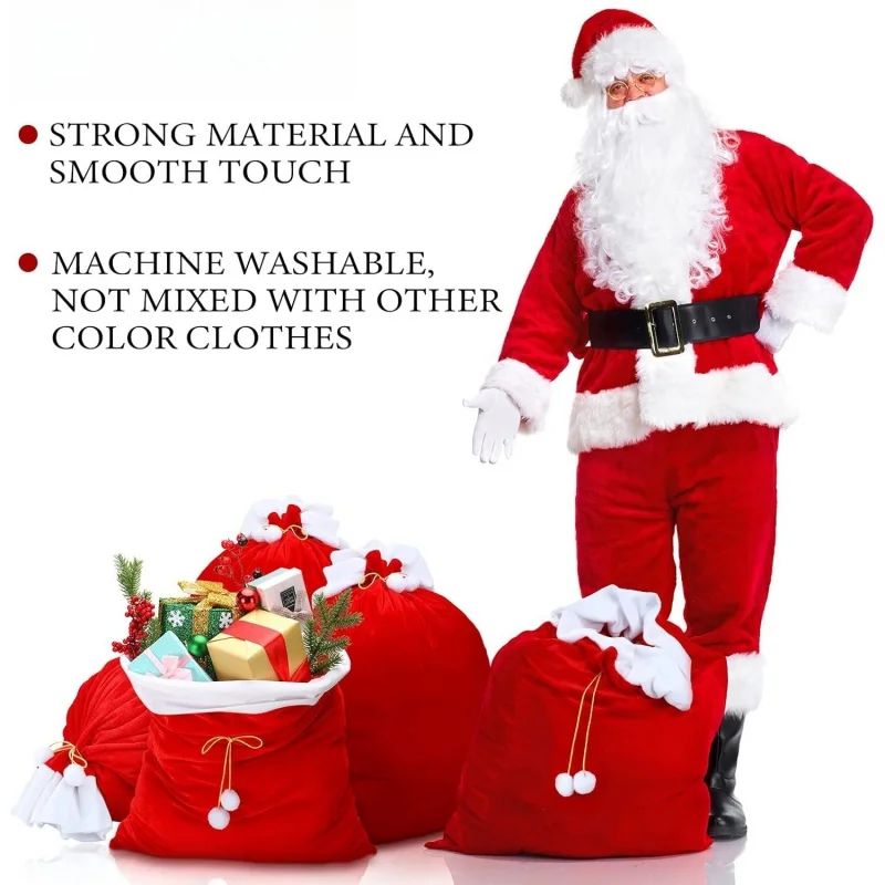 Large Red Velvet Christmas Bag with White Pompom , Fluffy Gift Storage Pouch for Presents, Festive Holiday Organizer Suitable