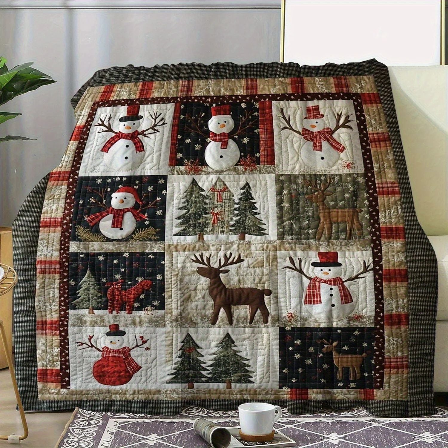 Cozy Christmas Flannel Blanket, Soft Warm Quilt Throw with Snowman & Reindeer