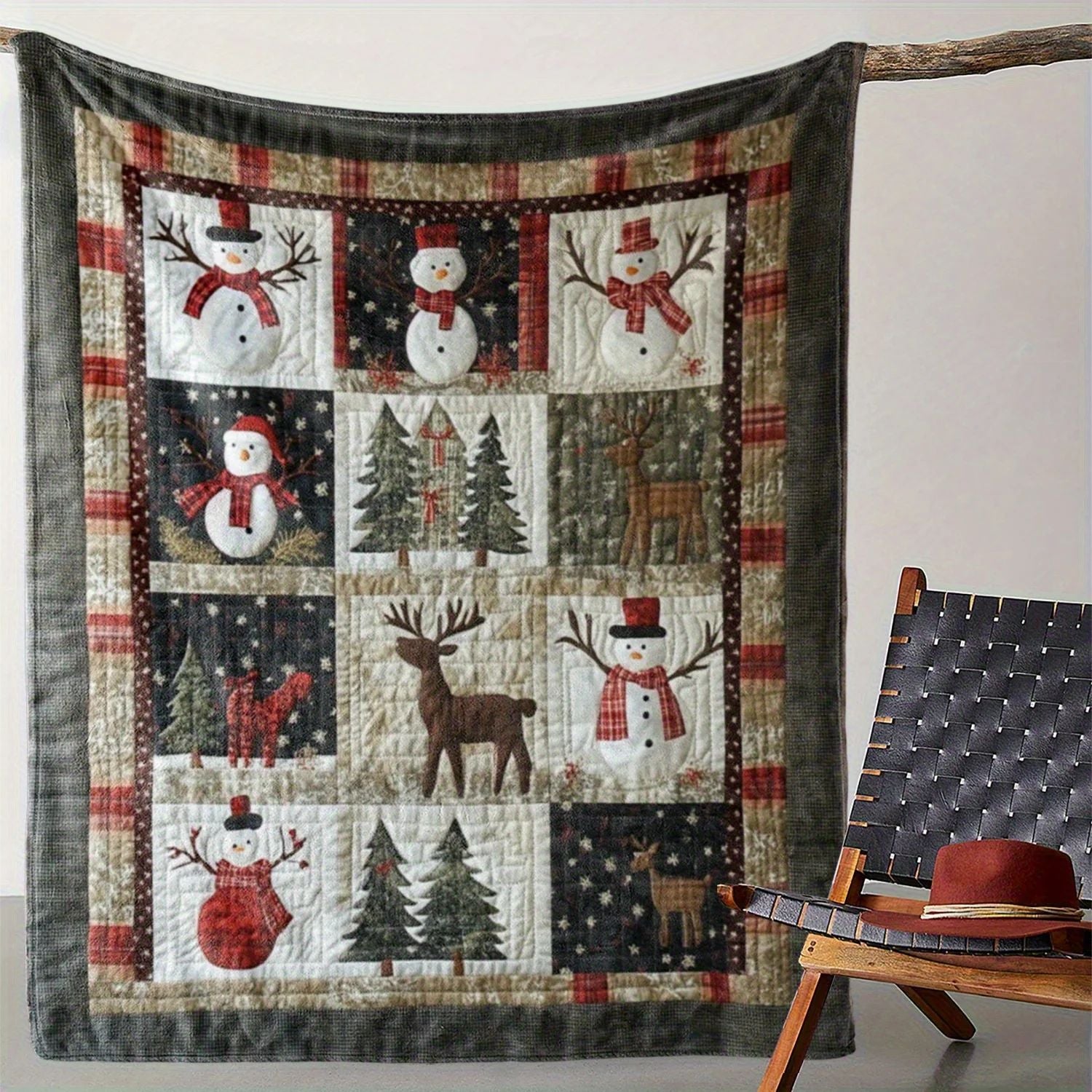 Cozy Christmas Flannel Blanket, Soft Warm Quilt Throw with Snowman & Reindeer