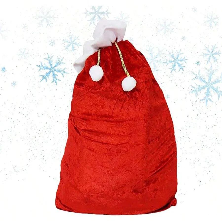 Large Red Velvet Christmas Bag with White Pompom , Fluffy Gift Storage Pouch for Presents, Festive Holiday Organizer Suitable