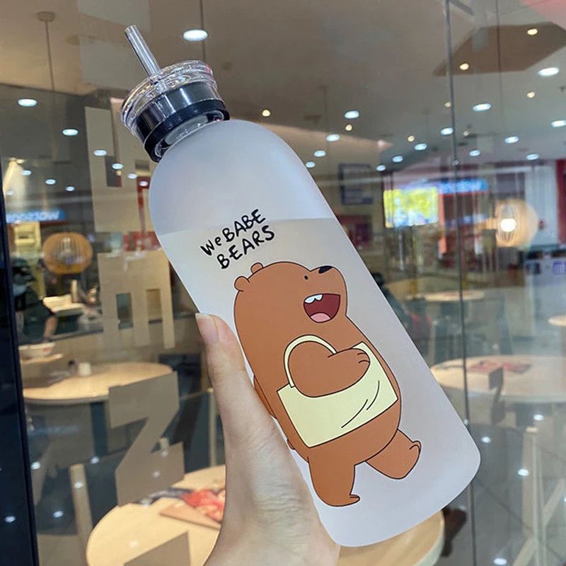Cute Panda Bear 1000ml Water Bottle with Straw Frosted Leak-Proof Shaker