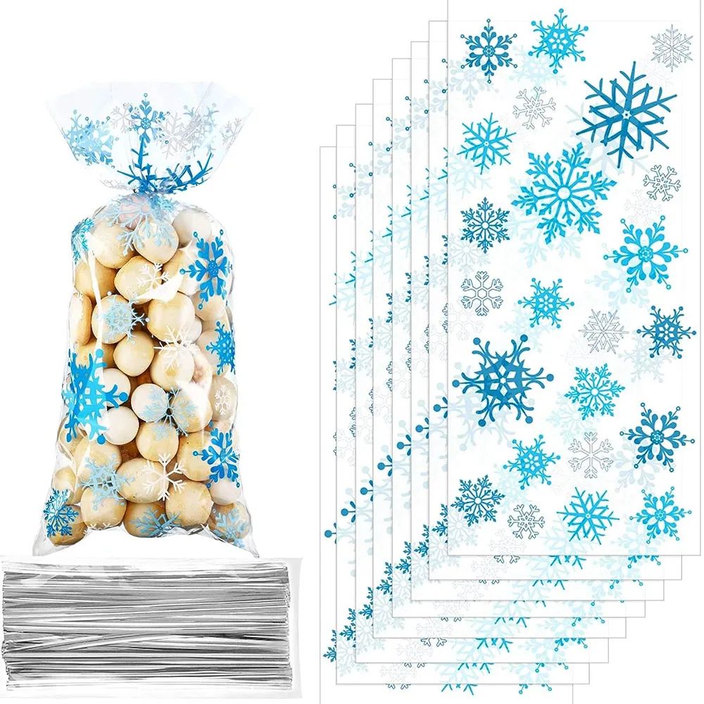10pcs Christmas Cellophane Bags Snowflake Treat Bag Winter Goodie Bag Blue Plastic Snowflake Bag with Twist Ties