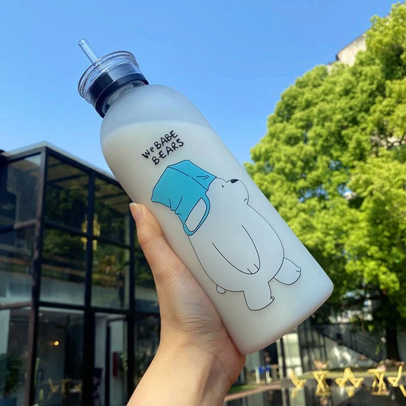 Cute Panda Bear 1000ml Water Bottle with Straw Frosted Leak-Proof Shaker
