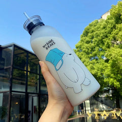 Cute Panda Bear 1000ml Water Bottle with Straw Frosted Leak-Proof Shaker