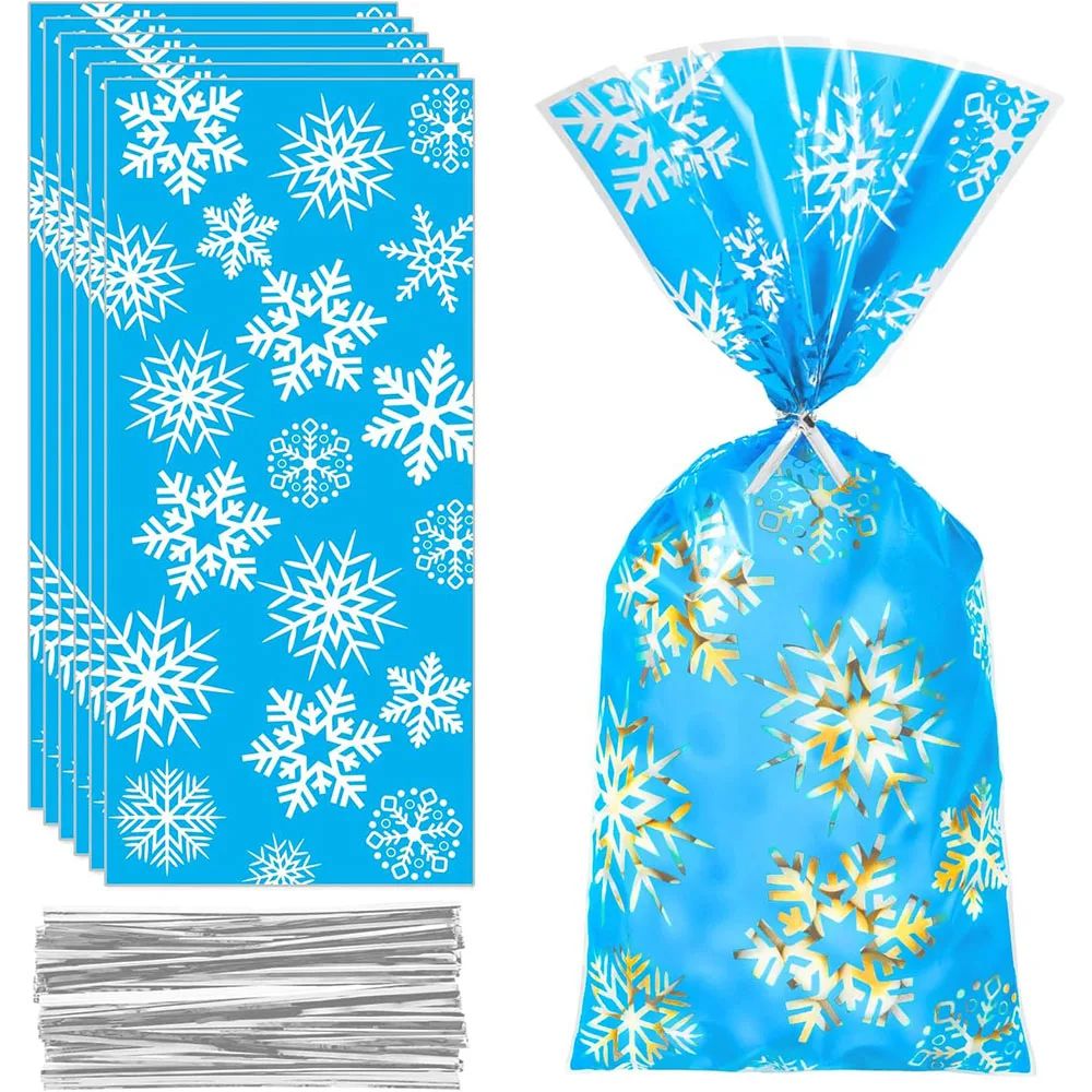 10pcs Christmas Cellophane Bags Snowflake Treat Bag Winter Goodie Bag Blue Plastic Snowflake Bag with Twist Ties