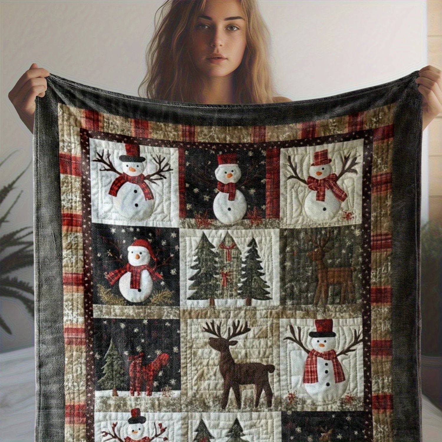 Cozy Christmas Flannel Blanket, Soft Warm Quilt Throw with Snowman & Reindeer