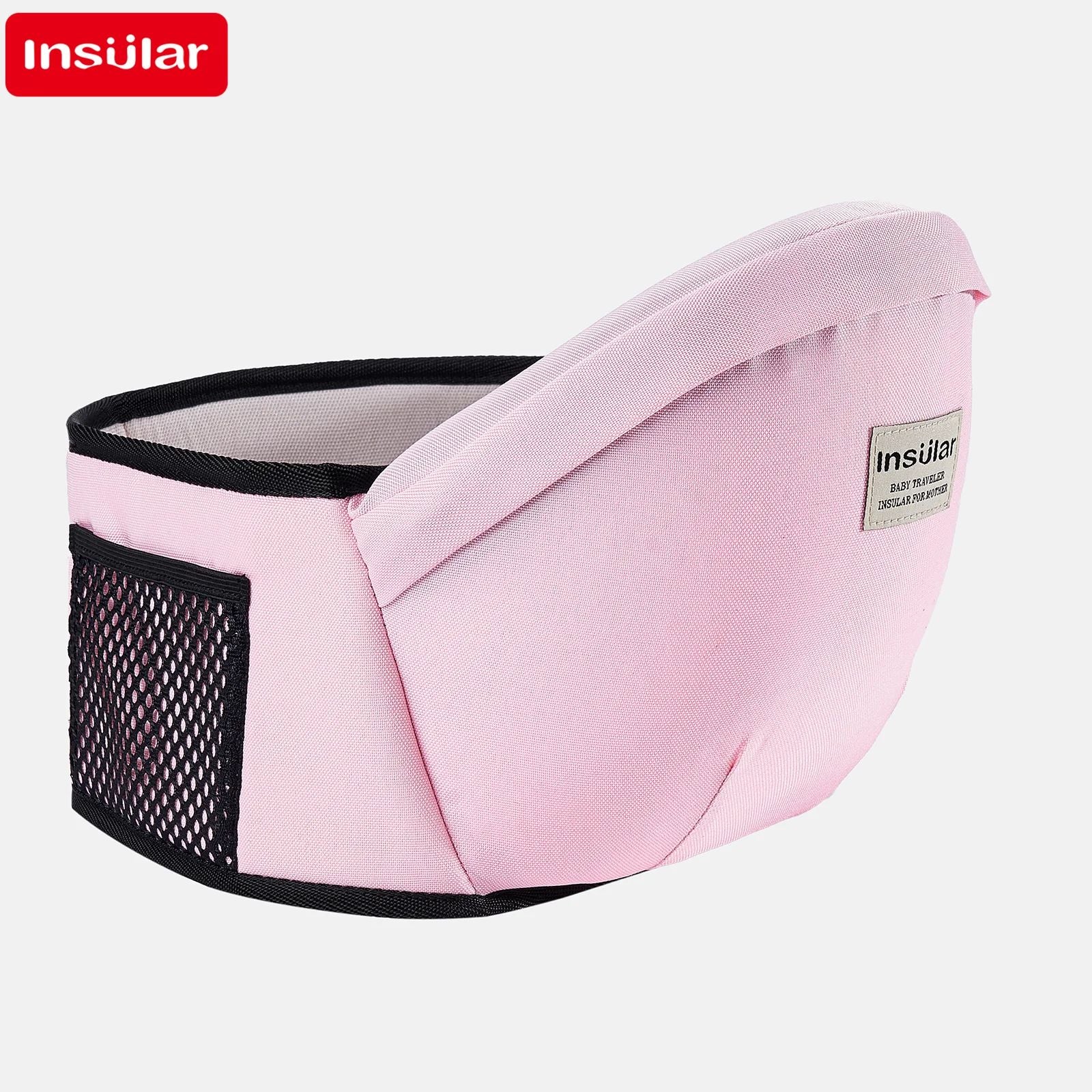 Pink baby carrier with black mesh side on a white background, featuring the Insular brand.