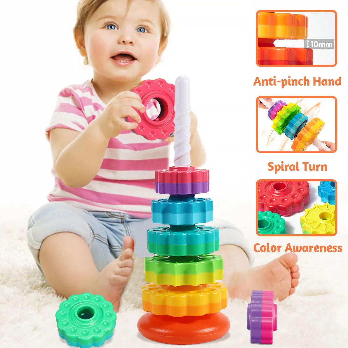 Montessori Rotating Rainbow Tower Baby stacking Puzzle Toys safety andEnvironmental Protection Colored children's Toys