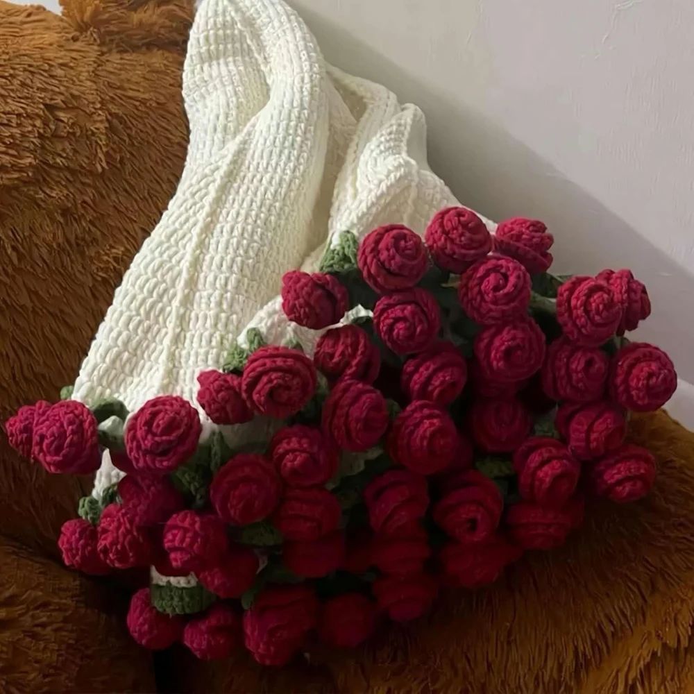 Finished Flower Bouquet Blanket Soft and Lightweight Knitted Throw Blankets for Birthday Wedding Valentine’s Day Home Decor