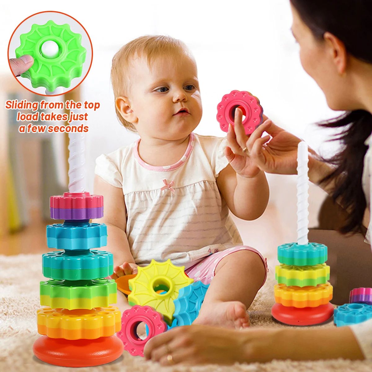 Montessori Rotating Rainbow Tower Baby stacking Puzzle Toys safety andEnvironmental Protection Colored children's Toys
