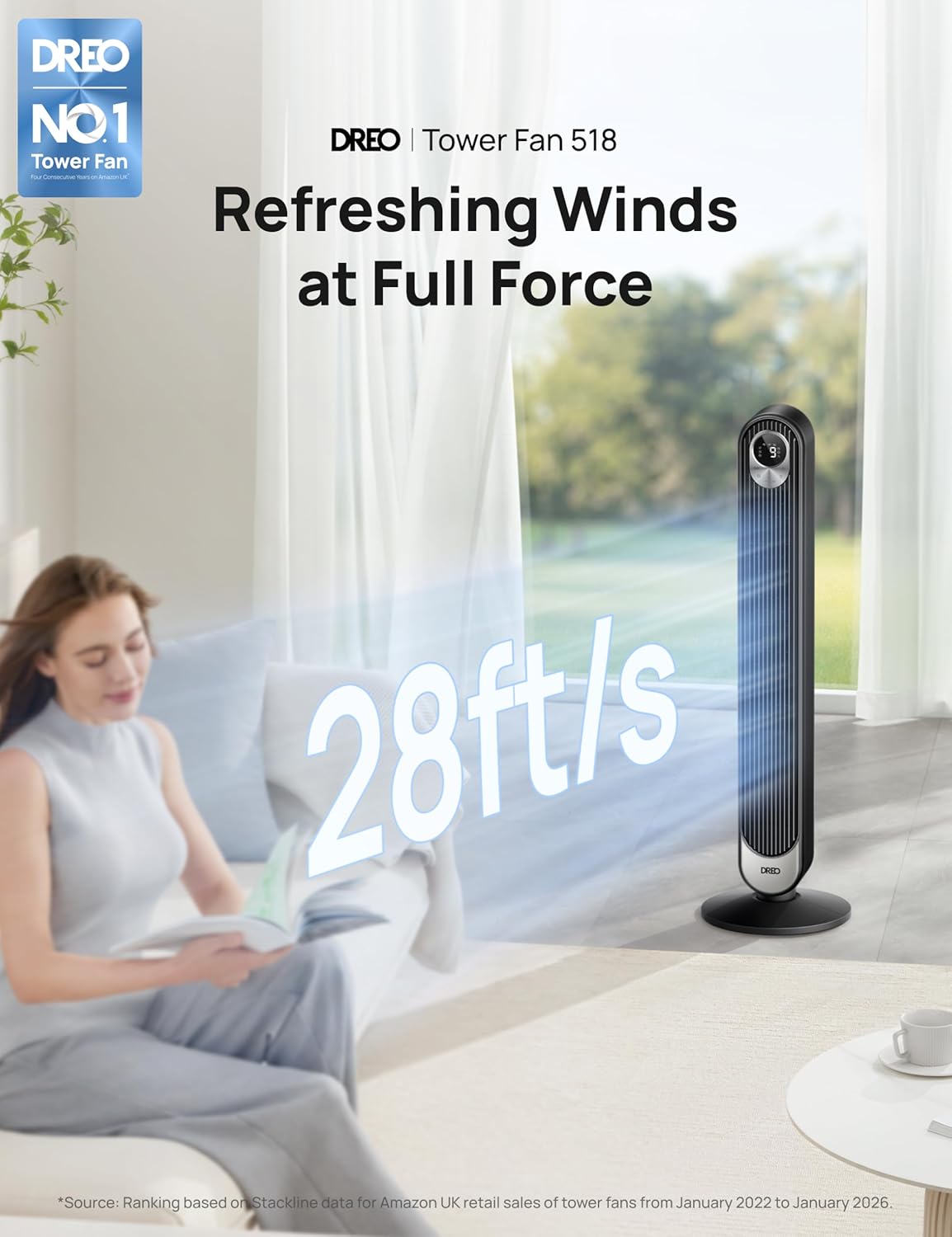 DREO 42 Inch Tower Fan, DC Motor Energy Saving Standing Fans for Bedroom, 8.5m/s High-Velocity Cooling Fans, 9 Speeds, Sleep/Auto/Natural/Normal Modes, 20dB Silent Fan, 90° Oscillating, 12H Timer