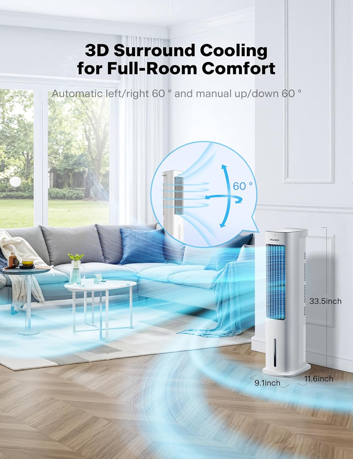 PELONIS 5L Air Cooler, Evaporative Air Cooler with Remote Control, 3 IN 1 Portable with Automatic Oscillation 3 Speeds and 7-Hour Timer, Fan and Humidifier for Home, 2 Ice Packs Included