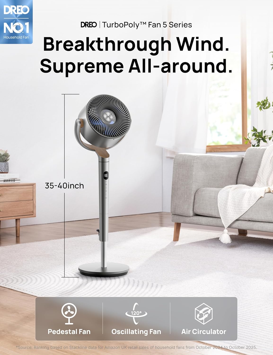 DREO 20 dB Standing Fan for Bedroom, 120°+120° Omni-directional Cooling Fans, 90 ft Circulator With Remote, DC Motor Pedestal Fans, 35-40" Adjustable Height Floor Fan, 8 Speeds, 3 Modes, 8H Time