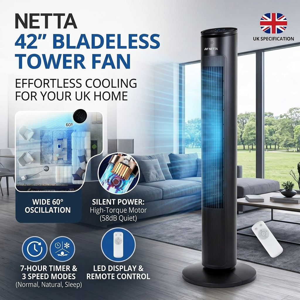 NETTA 42" Bladeless Tower Fan with Remote & LED Display-TR1