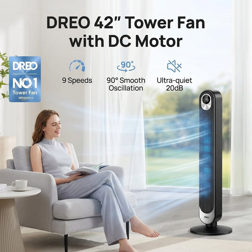 DREO 42" Tower Fan with DC Motor, 9 Speeds & 90° Oscillation-TR5