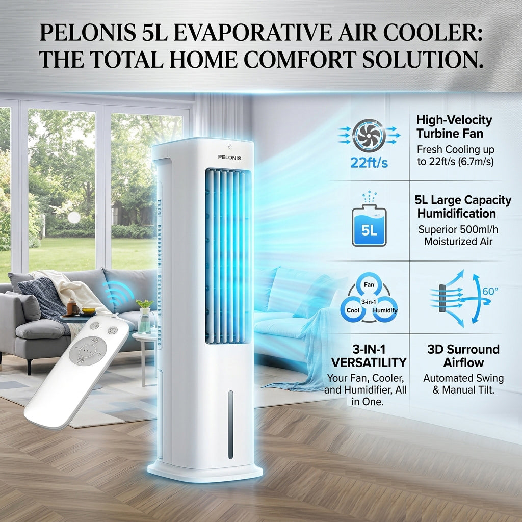 PELONIS 5L Evaporative Air Cooler with Remote, Fan & Humidifier-TR4