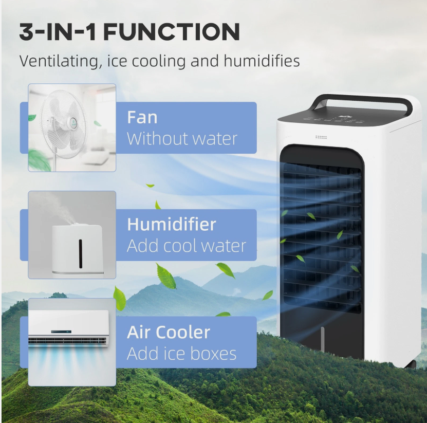 HOMCOM Mobile Air Cooler for Home Office, with Oscillation, Ice Packs